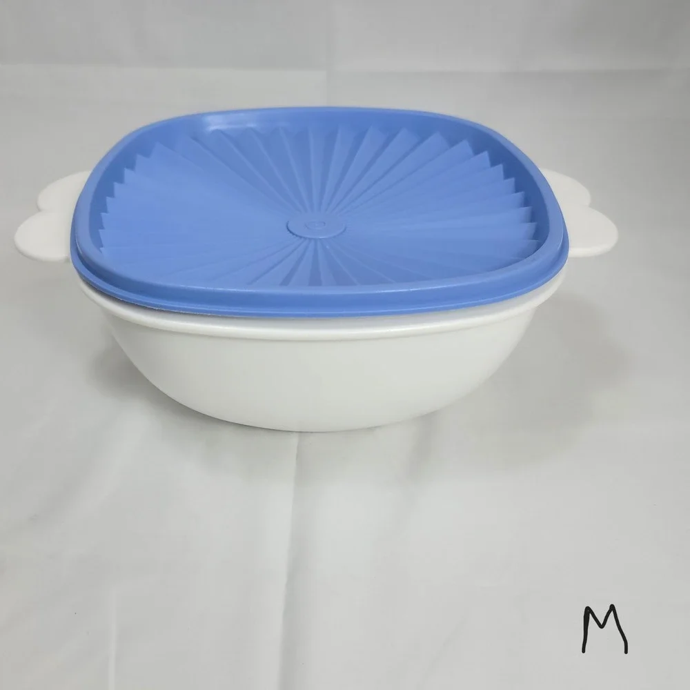 Tupperware Servalier Mixing Bowl Set 3pc White Blue 13c 10c 6c Vintage Style